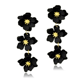 Dreuyet Boho Matte Poppy Floral Petal Drop Dangle Earrings for Women Exaggerated 3 Layer Tassel Flower Floral Petal Tiered Drop Earring Fashion Boho Tropical Wedding Jewelry (Black)