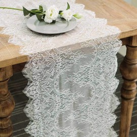 Hooqict - Juego de 4 caminos de mesa de encaje blanco de 14 x 120 pulgadas, color marfil bordado bohemio para decoración de mesa de boda, recepción, decoración de mesa de bebé, despedida de soltera