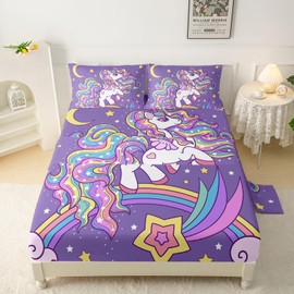 QOOMO Unicorn Sheet Set,Rainbow Kids Bed Sheets,Cute Unicorn 16" Deep Pocket Bed Sheet Set for Boys/Girls/Kids/Teens，4 Piece Sheet Set, 1 Fitted Sheet,1 Flat Sheet and 2 Pillowcases，Twin Size