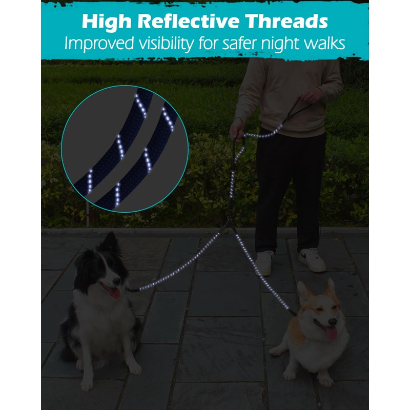 PetBonus Rope Double Dog Leash, No Tangle Dual Leash, Reflective