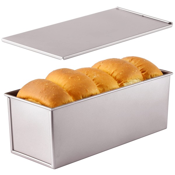 CHEFMADE Commercial Pullman Loaf Pan with Lid, 2.2Lb Dough Capacity Non-stick Rectangle Flat Toast Box for Oven Baking 4.8" x 12.8"x 4.7"(Champagne Gold)