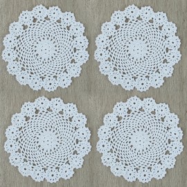 kilofly Crochet Cotton Lace Table Placemats Doilies Pack, 4pc, White, Garland, 7 inch