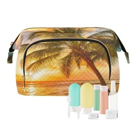 Kjovgcb Women Wave Quilt Cosmetic Bag, Zipper Toiletry Storage 10.2x5.9x6.7 in, Pouch Handbag Makeup Case Purse Holder Organizer Print Tropical Palm Tree On Ocean Beach At Sunset