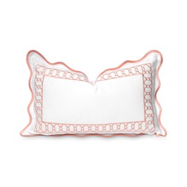 Hofdeco Premium Coastal Patio Indoor Outdoor Scalloped Lumbar Pillow Cover Only, 12"x20" Water Repellent for Backyard, Couch, Blush Pink Embroidered Begonia Pattern Chain Frame