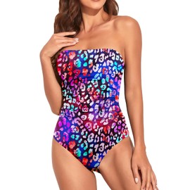 Holipick Women Color Leopard One Piece Swimsuits Tummy Control Bathing Suits Halter Strapless Bandeau Swimwear L