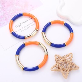 3 Pack Game Day Bracelets for Women Bamboo Tube Bangles Bracelets Chunky Curved Stacking Football Stretch Bracelets Game Day Jewelry Accessories Sports Fan Gifts (Blue Orange)