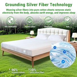 UNIHYK Grounding Sheets King, 90% Organic Cotton + 10% Silver Fiber, Grounding Sheets Can Improve Sleep and Sub-Health, with 15 ft Gounding Wire(White,76"x80"x13")