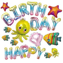 AnnoDeel Happy Birthday Sea Animal Foil Balloons, 32inch Octopus Tropical Fish Starfish Mylar Balloons Set for Baby Shower Kid Birth Party Decoration