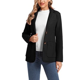 ZHANCHTONG Women's Notch Lapel Two Button Wool Blend Blazer Suit Jacket (Patch-Black, L)