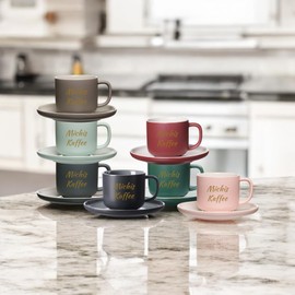 LUXENTU Personalisierte Espressotassen mit Untertassen Jasper 2er Set, 90 ml, Goldgefärbte Gravur auf Tassen, 2-zeiliger Gravurbereich für individuellen Text, Steinzeug, Beere