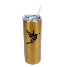 Elanze Designs Hummingbird Bird Growing Wildflower Animal Floral Motif Wrap-Around 20 Ounce Insulated Stainless Steel Coffee Travel Skinny Tumbler, Slide Top Lid & Reusable Straw, Vegas Gold Glitter