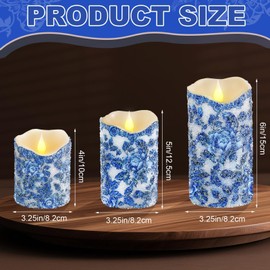 LCZLUMIPRO 3 Pcs Elegant Chinoiserie Flameless Candles - Blue and White Porcelain Sea Salt Style Battery LED Pillar Candles for Home, Wedding, Party & Table Decor