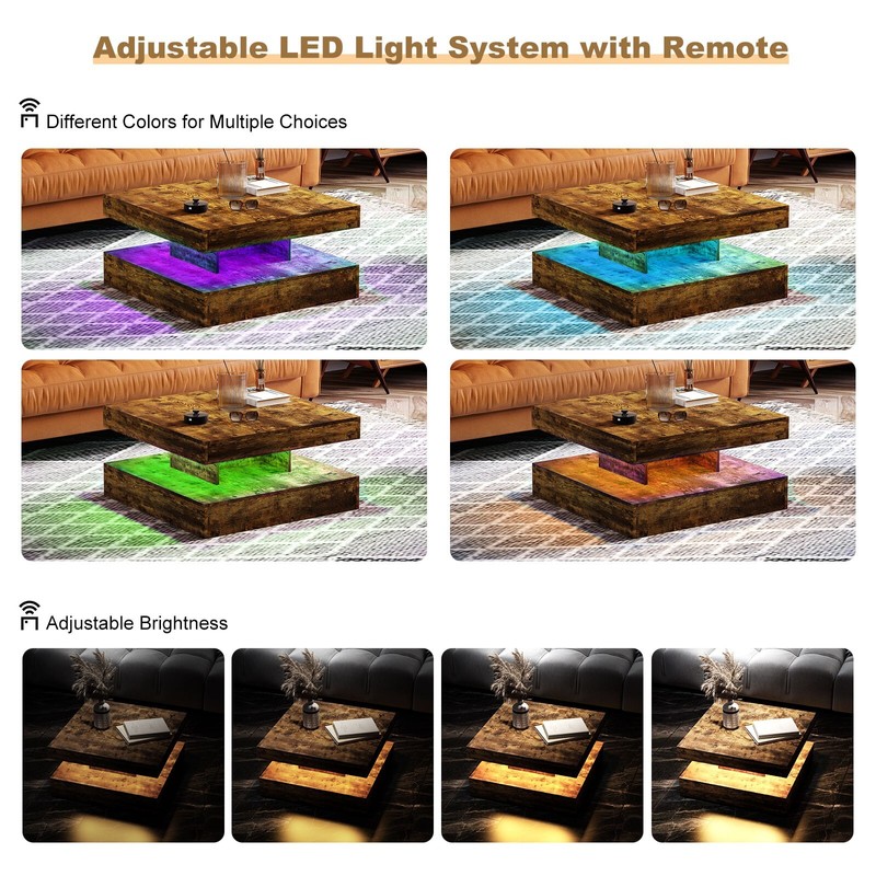 Square Coffee Table with LED Wood Low Coffee Table for