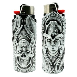 Metal Lighter Case Cover Holder fits BIC Lighter Full Standard Size J6 One Piece Design in Goddess and Skull
