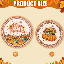40Pcs Thanksgiving Fall Paper Plates Autumn Leaves Pumpkin Sunflower Orange Plaid Disposable Dessert Plates for Thanksgiving Birthday Wedding Party Dinner Tableware Decorations Favors Supplies