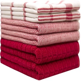Premium Kitchen Towels (20”x 28”, 6 Pack) – Large Cotton Kitchen Hand Towels – Flat & Terry Towel – Highly Absorbent Tea Towels Set with Hanging Loop (Red Check)