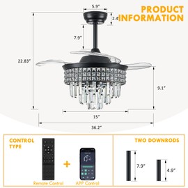 YITGOG Smart Crystal Fandelier with APP Control, 36" Retractable Ceiling Fan Light - Dimmable LED Chandelier Fan, Silent Copper Motor & K9 Crystal Design for Bedroom/Living Room