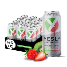 Yesly Functional Water, Kiwi Strawberry, Naturally Flavored Still Water with Electrolytes, Magnesium, Potassium, Vitamin C, B6 & B12, Zero Sugar, No Artificial Sweeteners, 16 Fl Oz Cans, 12 Pack