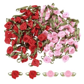 sourcing map 100 Pcs Pink/Red Ribbon Roses 5/8" x1-3/16 Mini Roses for Sewing Appliques Crafts Little Satin Bows Roses Artificial Flowers