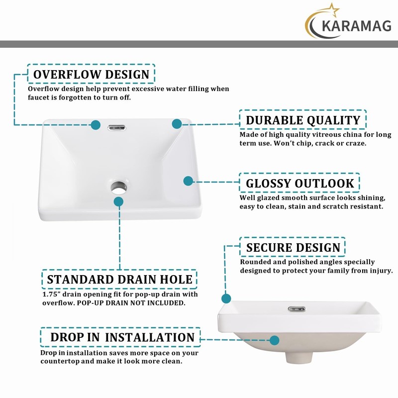 KARAMAG Small Bathroom Vessel Sink 16.7'' x 12.6'' Semi Recessed
