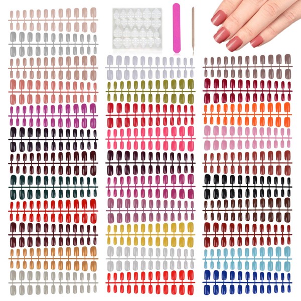 EBANKU 768 Pieces Medium Square Press On Nails, 32 Colours Fingernails Glossy Fake Nail Colourful Full Cover Artificial False Nail Acrylic Nail Tip Kit for DIY Nail Art Decorations