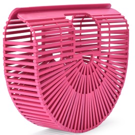 PortoVino Women's Bamboo Tote Bag - Pink Bamboo Bag, Handmade Beach Purse Handbag Basket - Sturdy, Lightweight Round Wicker Beach, Travel, Fashion Straw Wooden Bag, Pink