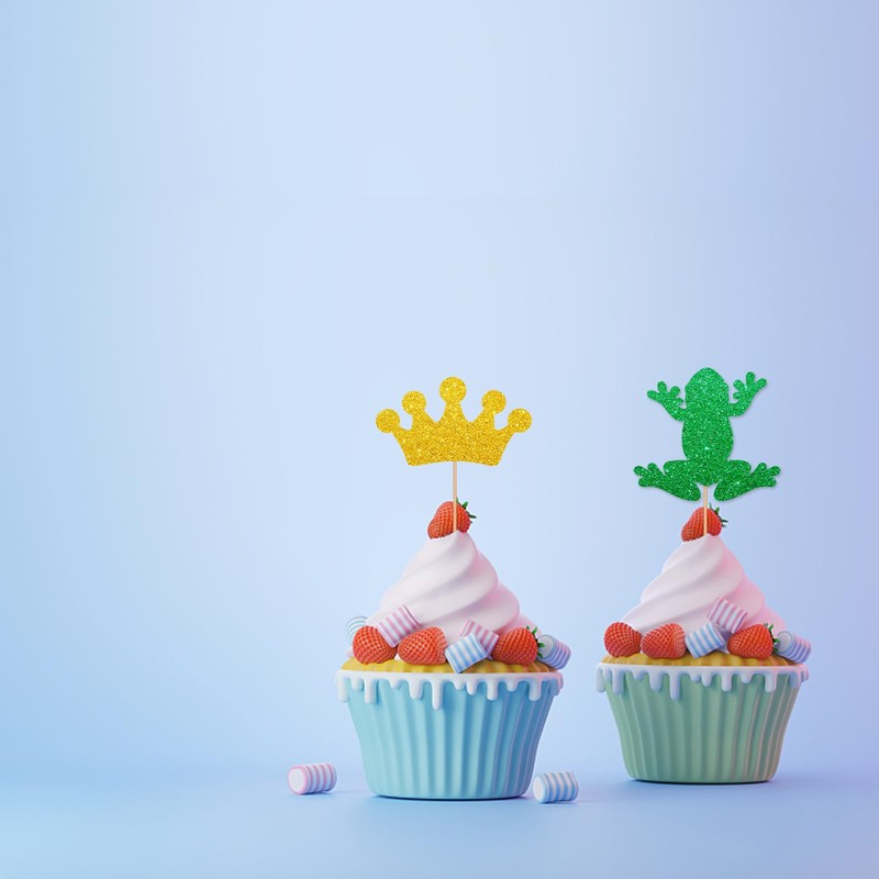 24pcs Frog Cupcake Toppers, Rainforest Frog Cupcake Toppers, Green Glitter