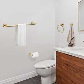 WEIKO Brushed Gold Bathroom Hardware, Bathroom Accessories Set includes Toilet Paper Holder Towel Bar Towel Ring 2 Robe Hook 5 Pieces Wall Mount