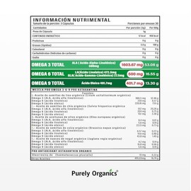 Purely Organics  Omegal  Omega 3, 6 y 9 de Origen Vegetal con cidos Linoleico y Oleico  Astaxantina  90 Cpsulas                                       