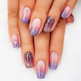 24Pcs Purple Gradient Press on Nails Glossy Silver Glitter Medium Coffin False Nail Ombre Acrylic Full Cover Fake Nails Rhinestones Gel Glue on Fingernail French Stick on Nail for Holiday Manicure Art