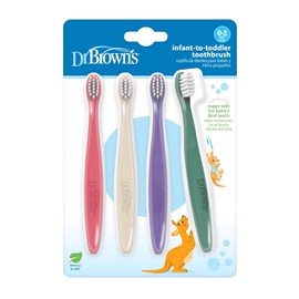 Dr. Brown's - Juego de cepillos de dientes manuales suaves y suaves para bebé, rosa, crudo y morado, verde oscuro, sin BPA, 0-3 años, paquete de 4