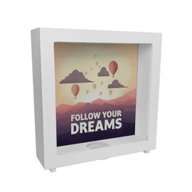 Follow Your Dreams Frame Wooden Money Box with Hot Air Balloons and Sunset Ceramic Money Box with Modern Motif and Inspirational Saying