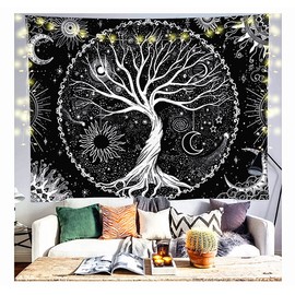 SIGIS - Tapiz de árbol de la vida, Tapiz Blanco y Negro Estético, Tapiz de Sol y Luna, Galaxia, Espacio, Estrella, Tapiz de Pared Negro para Dormitorio (59 x 78 pulgadas)