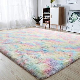 junovo Soft Rainbow Area Rugs for Girls Room, Fluffy Colorful Rugs Cute Floor Carpets Shaggy Playing Mat for Kids Baby Girls Bedroom Nursery Home Decor, 5ft x 8ft