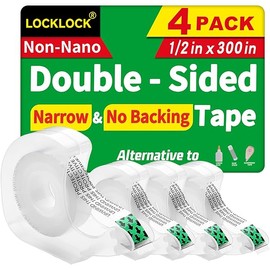 LOCKLOCK Double Sided Tape Light Duty, 4 Pack, 1/2 x 300 inches, Narrow Double Stick Tape with Dispenser for Crafts, Arts Projects, Gift Wrapping, Office and School Supplies, Clear.