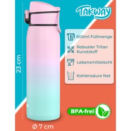 TAKWAY Children's Drinking Bottle Leak-Proof with Fruit Strainer, 600 m, Tritan, BPA-Free, Suitable for Carbonated Drinks, Bottle for School, Sports (Pink - Turquoise)