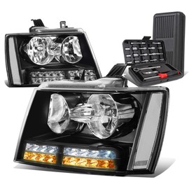 Auto Dynasty LED DRL Signal Black Housing Clear Corner Headlight Lamps+Tool Kit Compatible with Chevy Avalanche Tahoe Suburban 07-14