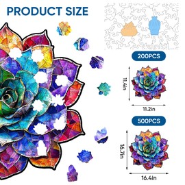delobil Stained Glass Succulent Wooden Puzzles for Adults, 200 Pieces Mandala Jigsaw Puzzles, Unique Shaped Medium Size Wood Puzzle Gift for Kids, Family Game 11.2'' x 11.4''