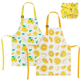 XLSXEXCL 2 Pack Lemon Kids Aprons, Kids Aprons with 50pcs Lemon Stickers, Adjustable Lemonade Apron for Boys and Girls for Painting Cooking Baking, Lemonade Stand Party Supplies (Yellow+Green)