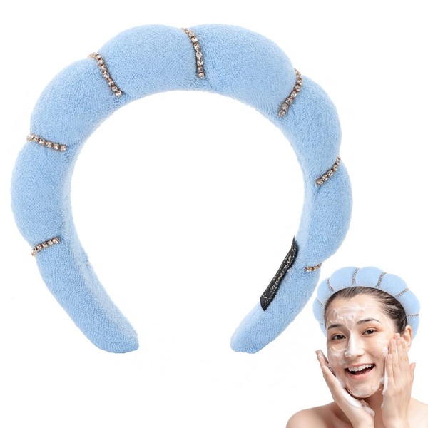 Dazzleimart New Rhinestone Spa Headband for Women, Makeup Headbands for Washing Face, Sponge & Terry Towel Cloth Fabric Hair Band for Makeup Removal, Shower, Skincare (Light Blue)