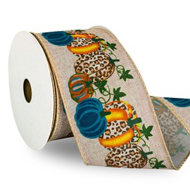 Whaline Fall Pumpkin Wired Edge Ribbon Blue Pumpkin Craft Ribbon Autumn Harvest Fabric Ribbon Vintage Farmhouse Wrapping Ribbon for Thanksgiving Day Wreath Floral Bow DIY Crafts Decoration