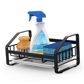 MEYONER Sink Caddy, 304 Stainless Steel Drying Rack, Removable Drip Tray, Hollow Bottom Design, Kitchen Soap Holder for Sponge, Brush-Black(Small)