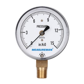 Measureman Diaphragm Type Capsule Low Pressure Gauge, 2-1/2" Dial, 1/4"NPT Lower Mount, Adjustable, 0-15 in H2O(Inches of Water)
