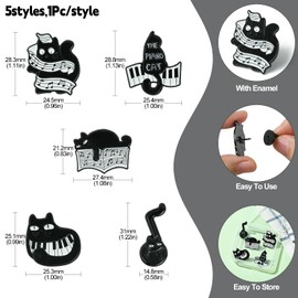 Airssory 5 Pcs 5 Styles Music Theme Cartoon Black Cat Enamel Alloy Brooches Lovely Pet Badge Pins for DIY Clothes Sweater Bags Crafts Decoration