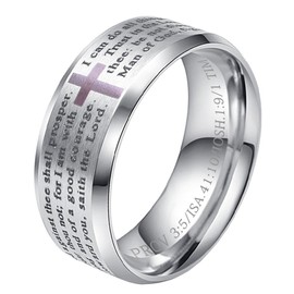 HIJONES Mens Stainless Steel Bible Verse Lords Prayer Cross God Ring Silver Size Z+1