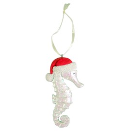 White Glitter Seahorse w/Santa Hat Ornament