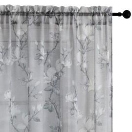 SMILE WEAVER Grey Sheer Curtains 45 inch Length for Living Room,Light Filtering Curtain for Bedroom,Linen Textured Floral Semi Sheer Curtain Rod Pocket Window Drapes for Kitchen,2 Panels
