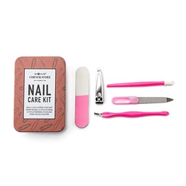 En Route Corner Store Travel Portable Nail Care Kit Manicure Set with Cuticle Pusher, Nail Trimmer, Nail File, and Cuticle Trimmer in a Tin Travel Case, Pink