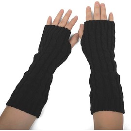 Women's Cable Knit Arm Warmers Fingerless Gloves Thumb Hole Gloves Mittens (Black, One size)