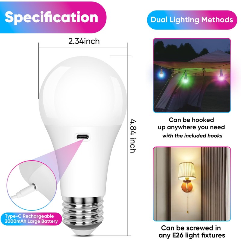 Yochoice Rechargeable Battery Operated Wireless Puck A19 Light Bulb with